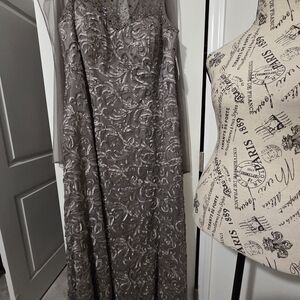 Embroidered Beaded Long Formal Gown - Silver Gray (Pewter)